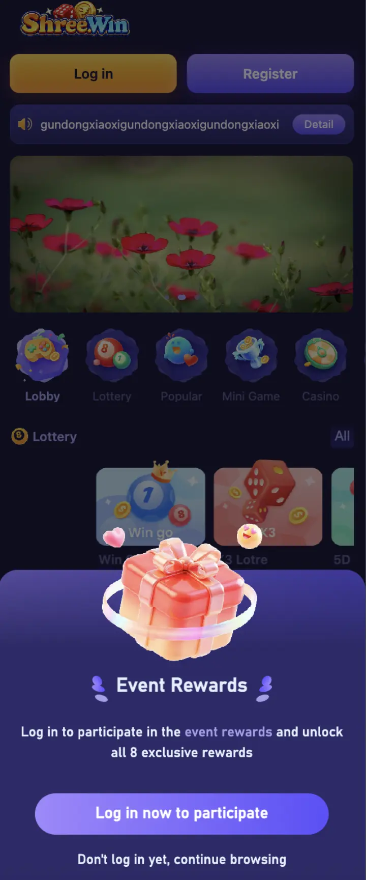 Shree Win activity prompt displayed over the mobile lobby