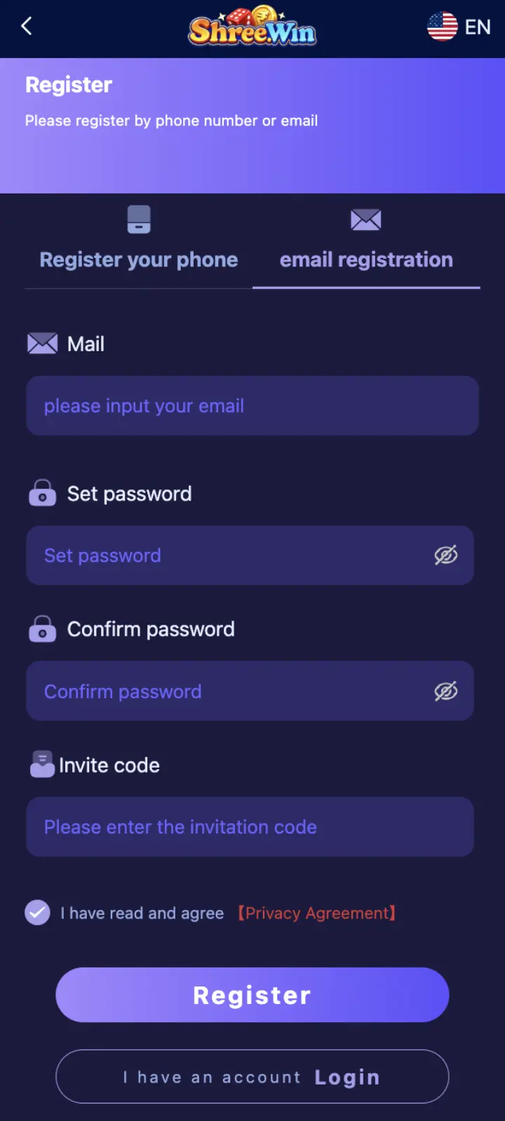 Shree Win email registration screen and account fields