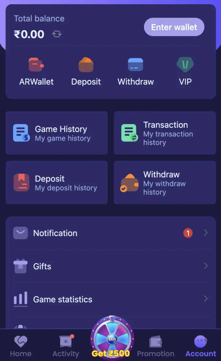 ShreeWin Account screen with Wallet, Deposit, Withdraw and history options