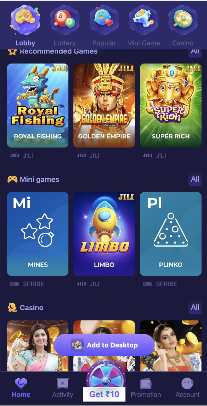 ShreeWin Lobby with Royal Fishing, Golden Empire, Super Rich, Mines, Limbo and Plinko game cards